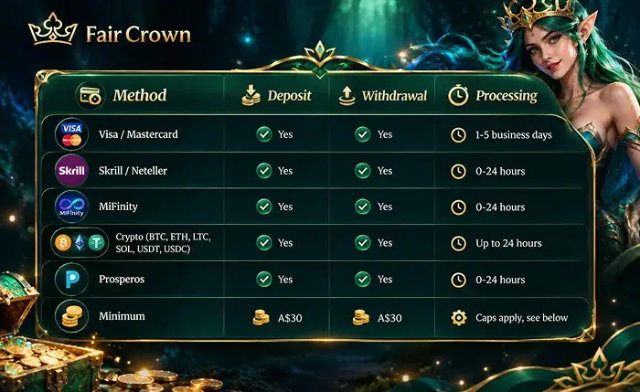 faircrown deposit and withdrawal methods